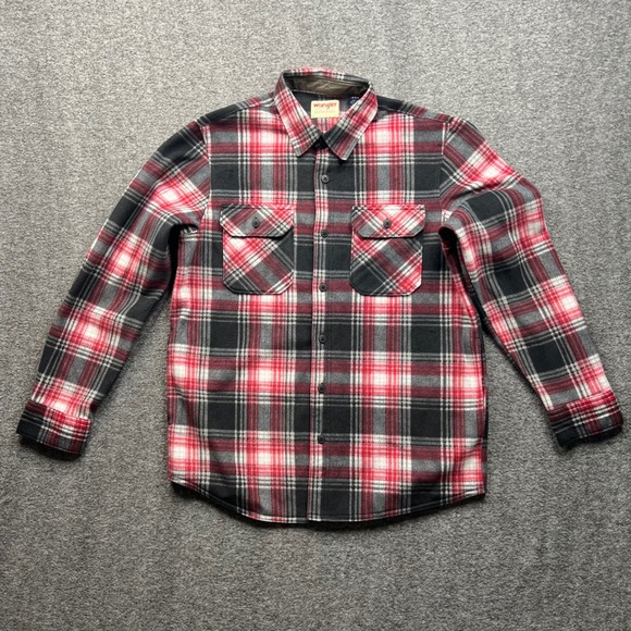 Wrangler Other - Wrangler Fleece Shirt Mens Medium Red Black Plaid Authentics Long Sleeve Button